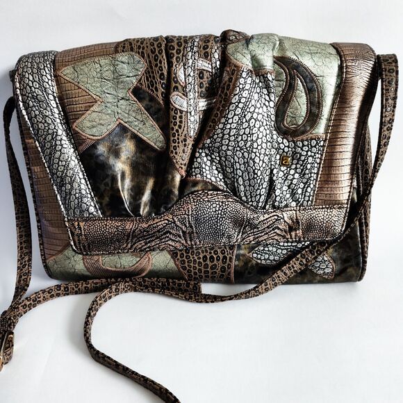 Nas Handbags - Vintage Nas Bag Patchwork Metallic Multicolor Faux Leather Crossbody Bag 80s 90s